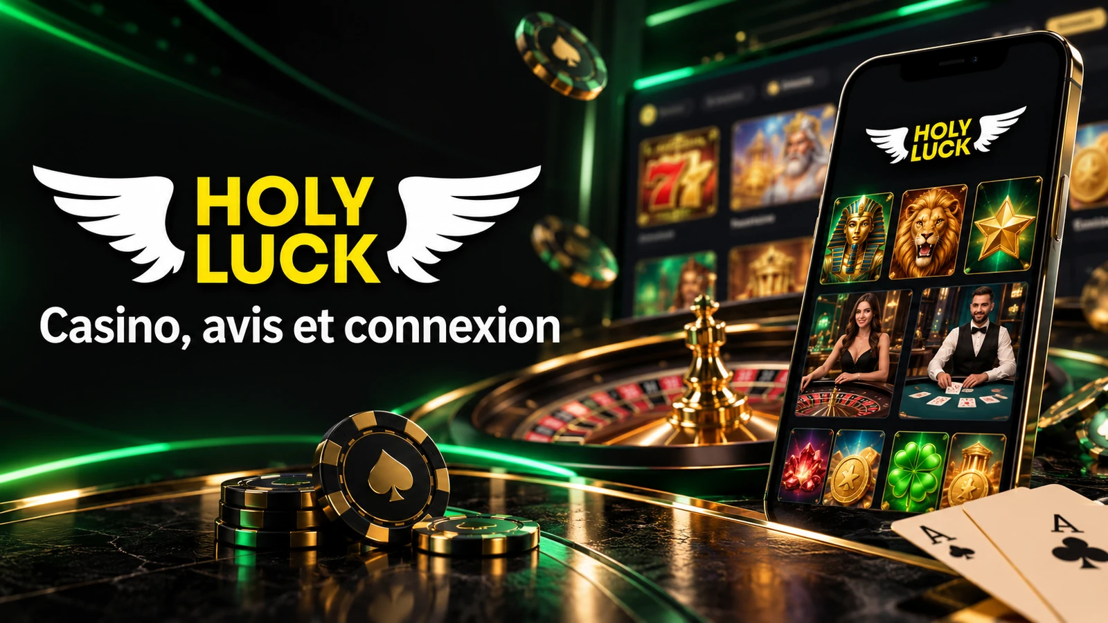 Bannière HolyLuck Casino avec jeux et accès mobile