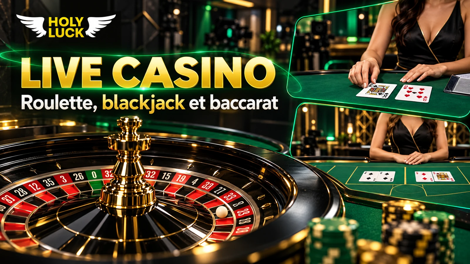Illustration de roulette, blackjack et baccarat en direct pour Holyluck